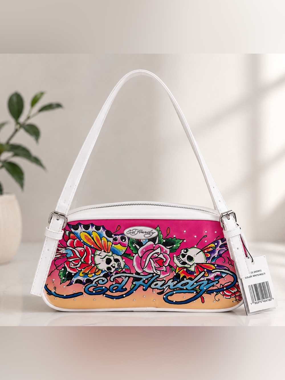 Ed Hardy Pink Floral Skull Shoulder Bag with White Handles